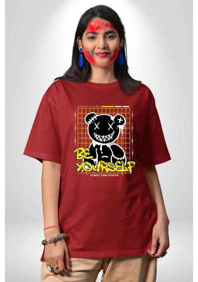 Kendin Ol Pamuklu Bisiklet Yaka Unisex Oversize Boyfriend Dijital Baskılı Kırmızı T-shirt Kırmızı