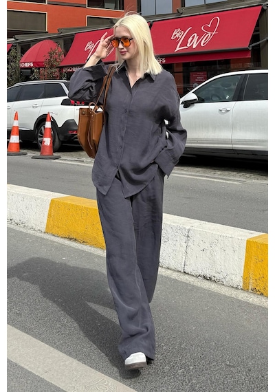 Madmext Füme Basic Kadın Gömlek Pantolon İkili Takım Mg2352 Füme