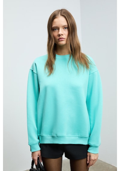 Grımelange KARIUS Kadın Organik Pamuklu İçi Polarlı Oversize Yuvarlak Yakalı Mavi Sweatshirt