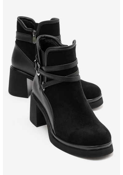 Luvi Shoes Venıce Siyah Süet Kemerli Kalın Topuklu Kadın Bot