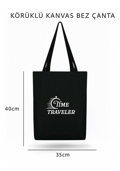 Lunora Collection Time Traveler Baskılı Körüklü Kanvas Bez Çanta Siyah