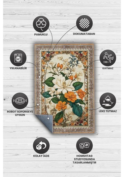 Homshtag Art Deco Yasemin Çiçeği Vintage Halı Görünümlü Dijital Baskı Renkli Halı,rustik Çiçek Halı Çok Renkli