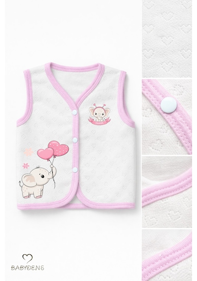 Babyden's Kız Bebek 3 Lü Yelek Seti Kalp Jakar Desenli Fil Baskılı Çıtçıtlı Yelek Yenidoğan Mevsimlik Yelek Ekru - Pembe