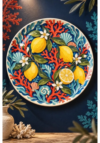 Dekoratif Duvar Tabağı Kâğıt Bahçede Limon Dekorlu Seramik Tabak Metalik
