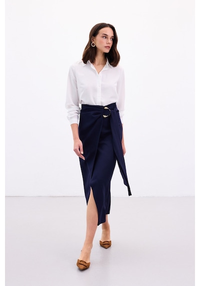 Sateen Aksesuar Kuşaklı Yırtmaçlı Etek - Lacivert-136889 Lacivert