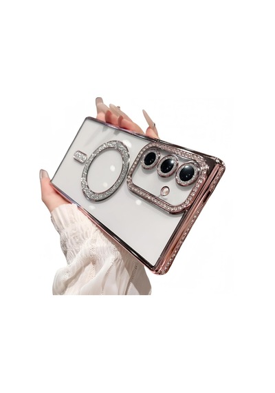 Samsung Galaxy S25 İçin Magsafe İle Uyumlu Kılıf Simli Kamera Kenar Taşlı Kapak Rose Gold