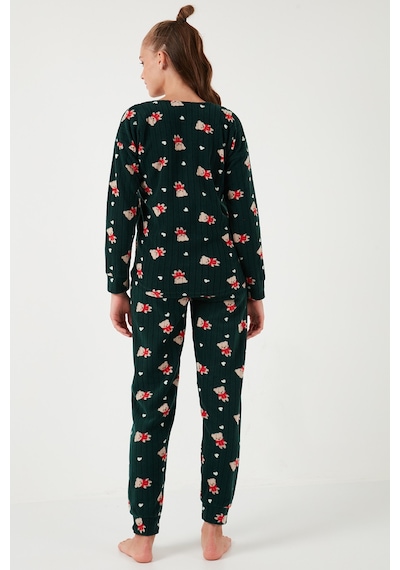 Lela Standart Fit Bisiklet Yaka Bayan Pijama Takımı 6093735 Yeşil