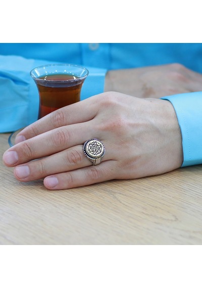 Modern Tasarım Üzeri "mühr-i Süleyman" İşlemeli 925 Ayar Gümüş Erkek Yüzük