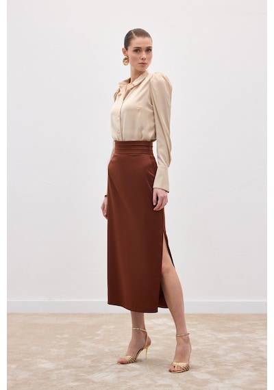 Sateen Bel Pile Detaylı Saten Etek - Kahve-136548 Kahve