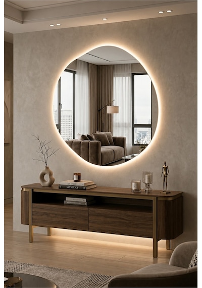 Arya Asimetrik Ledli Ayna Dokunmatik Modern Banyo Aynası Şık Tasarım Konsol Aynası Dekoratif Duvar Aynası Beyaz Günışığı Led 60 X 60