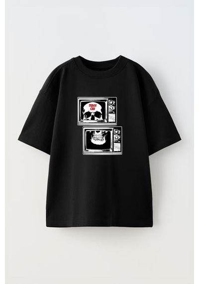 Thewert Unisex Trash Can Tv Tasarım Baskılı Pamuk Sıyah Oversize T-shirt Siyah
