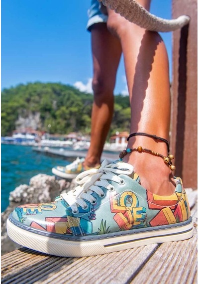 Kadın Vegan Deri Turkuaz Sneakers - Love Tasarım Çok Renkli