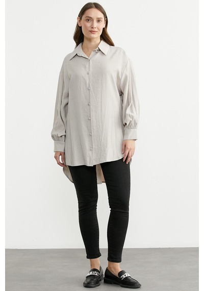 Sementa Tencel Arkası Uzun Oversize Gömlek - Taş
