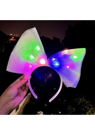 Mey İthalat Rengarenk Led Işıklı Fiyonk Şekilli Tül Parti Tacı Beyaz Renk 25x25 Cm