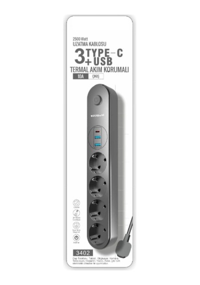Yüksek Güç Kapasiteli Termal Akım Korumalı 4 Prizli Usb Girişli Uzatma Kablosu Type-c 2500 Watt Standart