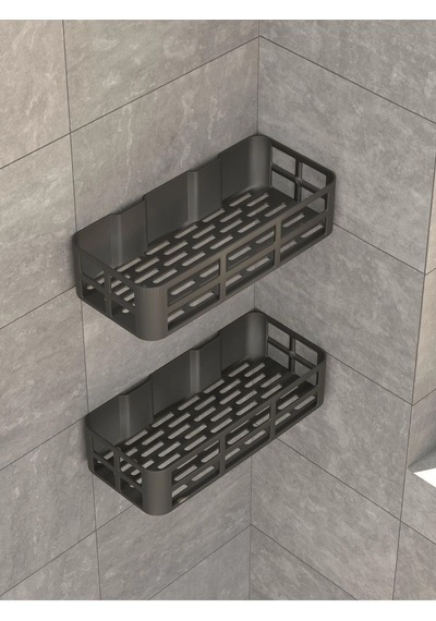 Banyo Duş Rafı 2'li Yapışkanlı Ve Deliksiz Duş Organizer Suya Dayanıklı Siyah Raf Çok Renkli
