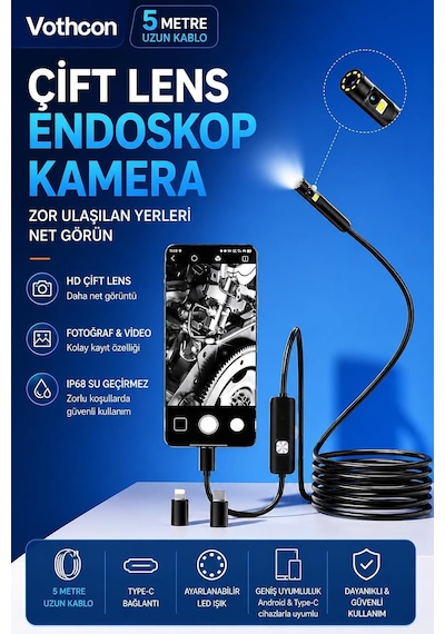 Vothoon 5 Metre Çift Kameralı İos/android Uyumlu Yılan Endoskop Kamera 8mm 2mp Led'li Sert Kablo