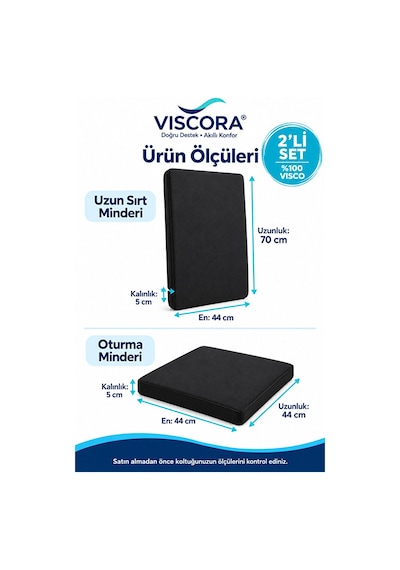 Müdür Ve Ofis Koltuğu Minderi 2 Li Set %100 Visco Uzun Sırt Ve Oturma Desteği Siyah