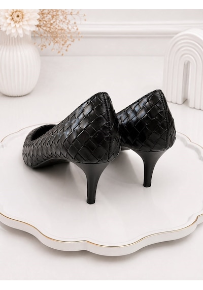Dabab Shoes Lılya Kadın Siyah Sivri Burun Örgü Desenli 6 Cm İnce Topuklu Stiletto Ayakkabı