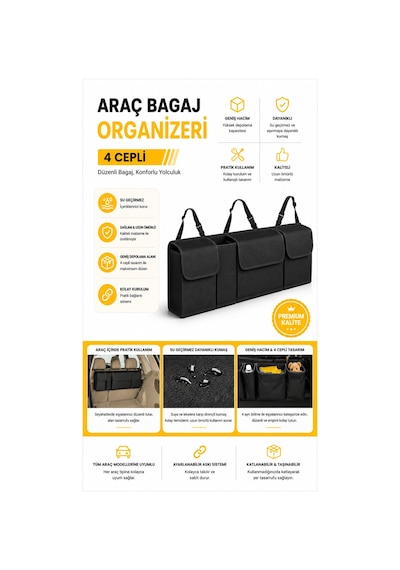 4 Cepli Katlanabilir Oto Bagaj Çantası Bagaj Organizeri Araç İçi Düzenleyici Koltuk Arkası Organizer Siyah