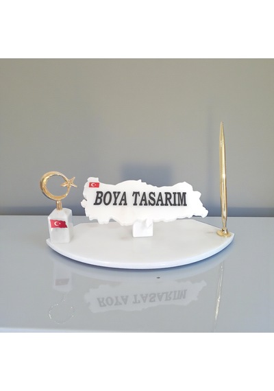 Doğal Beyaz Mermer Masa İsimlik Gold Kalem Ve Ayyıldız