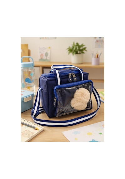 Çocuk Termal Okul Beslenme Çantası Şeffaf Cepli Peluş Aksesuarlı Omuz Askılı Lunch Bag Lacivert