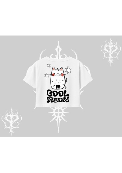 Startmore Startmore Cool Meow Yazılı Sevimli Kedi Arka Baskılı Oversize Crop Tshirt Beyaz