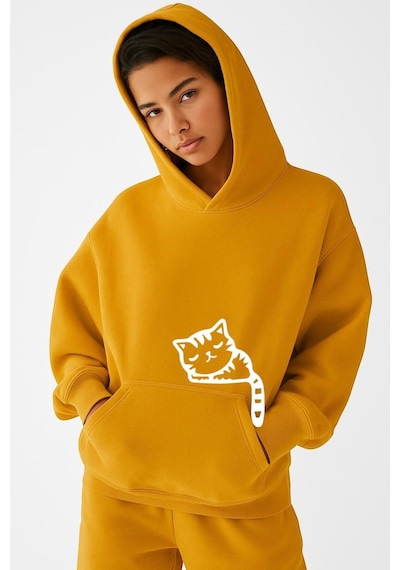 Benroma Kedi Baskılı Ünisex Kapüşonlu Sweat Sarı