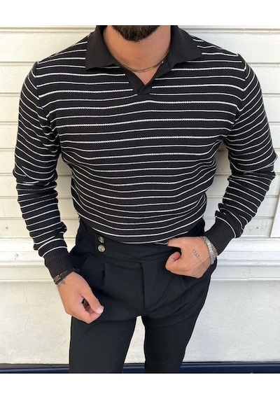 Siyah Erkek Slim Fit Polo Yaka Patlı Triko Kazak-trz19132r04s Siyah