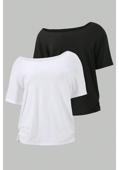 Cool Tarz Siyah Beyaz 2li Paket Kadın Düşük Omuz Kayık Yaka Oversize T-shirt Beyaz - Siyah Beyaz - Siyah