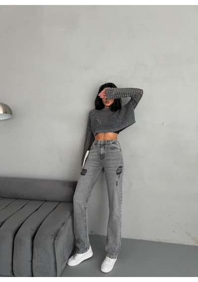 Kadın Straight Jean Yırtık Detaylı Ara Bel Boru Paça Kot Pantolon Gri Gri