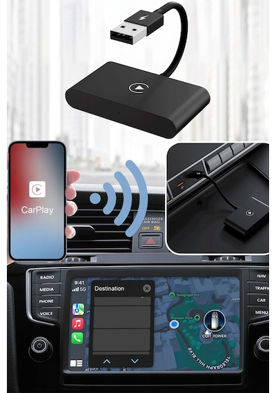 Araç Ekranı Careplay Çeviren Adaptör Tüm Cihazlar Için Kablosuz Carplay Adaptörü Siyah Kolay Kurulum
