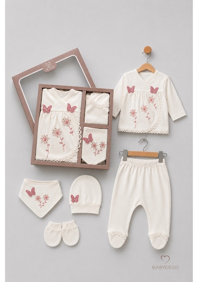 Babyden's Yenidoğan Kız Bebek Mevlit Takımı %100 Pamuk 5'li Hastane Çıkışı Kelebek Nakışlı Set Ekru