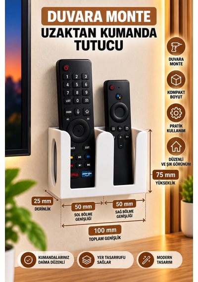 Veriqo 3d Duvara Monte 2'li Uzaktan Kumanda Tutucu Tv Kumandalık Düzenleyici Beyaz