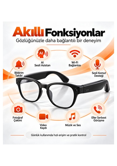Yapay Zeka Destekli Akıllı Gözlük 8 Mp Kamera, 1080p Video, Wi-fi, Fotokromik Lens Ve 3 Lens Seti