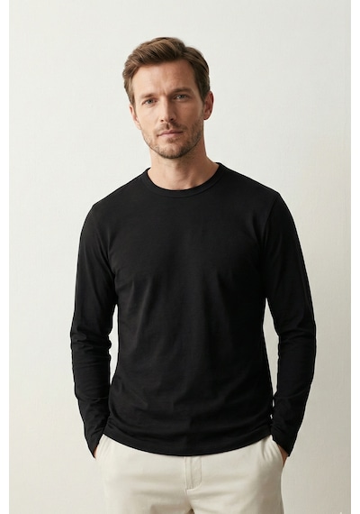 Elemge Pamuk Erkek Süprem Basic T-shirt Compact Penye Tok Kumaş Uzun Kollu Siyah Sporcu Tişört Body 2XL