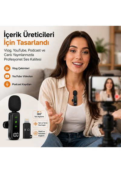 Kablosuz Yaka Mikrofonu Type-c + Lightning Uyumlu İphone & Android Tak Çalıştır Gürültü Azaltma Airmic Ry-wm01