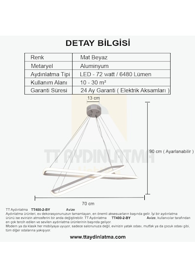 Tt400-2 By Tt Ayd Dikdörtgen Sarı Işık 2l İ Matbeyaz Led Avize Beyaz