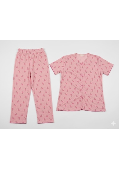 Sleeproom Yazlık Pembe Ananas Desenli Kısa Kol Penye %100 Pamuk Pijama Takım