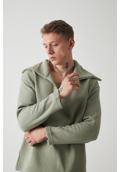 R-5850 Yaka Detaylı Örme Sweat Çağla Yeşili