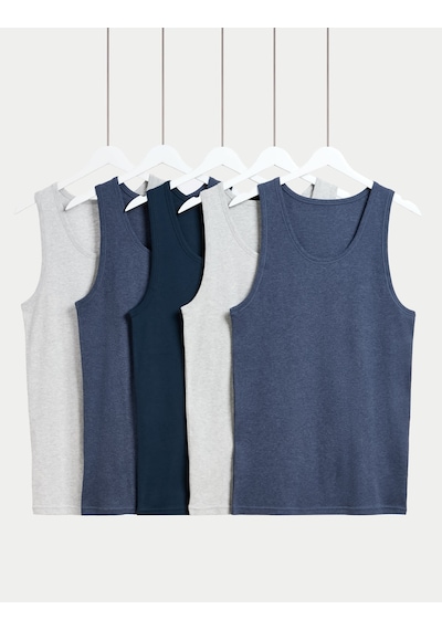 Marks & Spencer 5’li Saf Pamuk Kolsuz Atlet Paketi T14005800D Mavi Mix