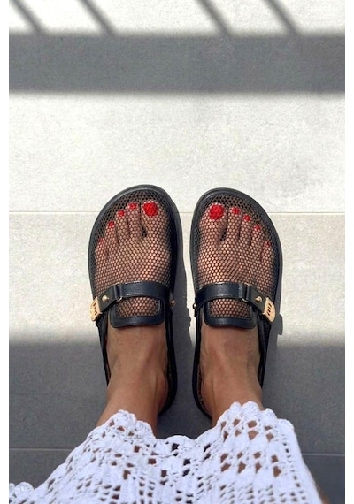 Fox Shoes Y250505115 Siyah File Detaylı Kadın Terlik