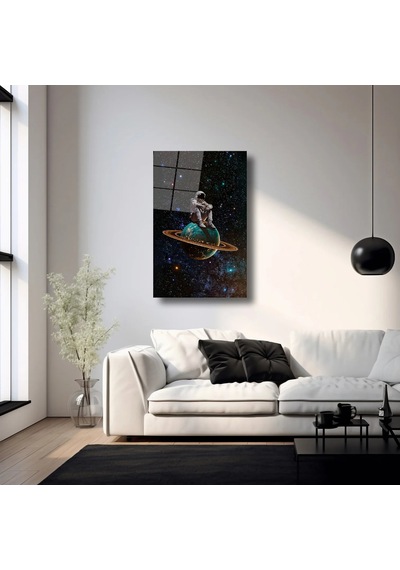 Kozmos Ve Astronot Cam Tablo Uzay Temalı Duvar Dekoru 60x90 Cm