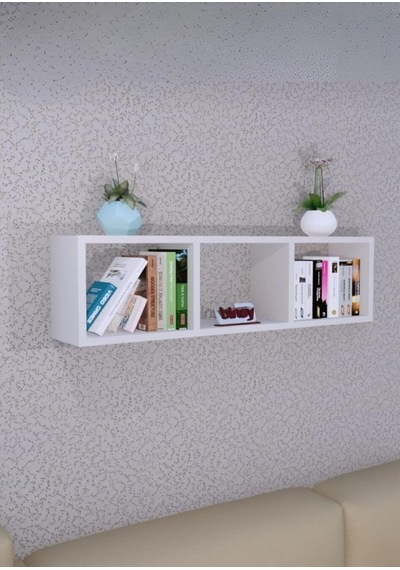 Duvara Monte Yatay Askılı Raf, 3 Bölmeli Dekoratif Duvar Rafı, Kitaplık, Aksesuar Depolama, 90x25x17cm Beyaz 90x25 Diğer