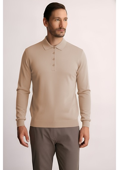 İgs Bej Standart Fit Dar Kalıp Polo Yaka Düz Uzun Kollu Triko-21906 Bej