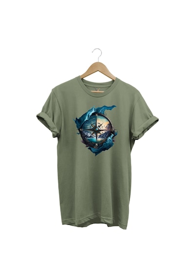 Renkli Manzara Ve Pusula Baskılı %100 Pamuk Regular Fit Haki T-shirt Haki
