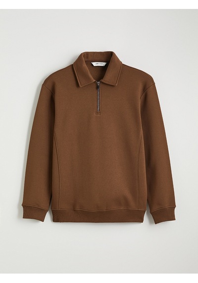 Lcw Vision Kahverengi Polo Yaka Erkek Kalın Sweatshirt