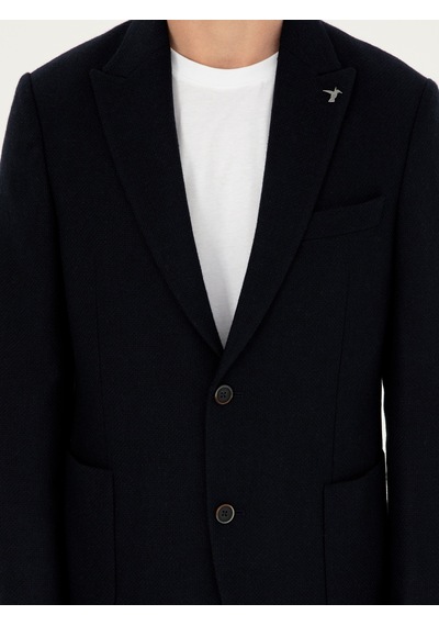 Cacharel Lacivert Slim Fit Yün Karışımlı Blazer Ceket