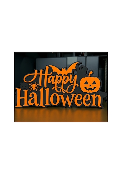 Alvera Decor Happy Halloween El Yazısı Masa Süsü Katmanlı Yarasa Balkabağı Örümcek Dekor Turuncu