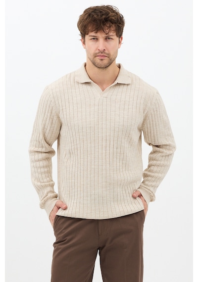 Erkek Bej Slim Fit Uzun Kollu Polo Yaka Triko Kazak Bej